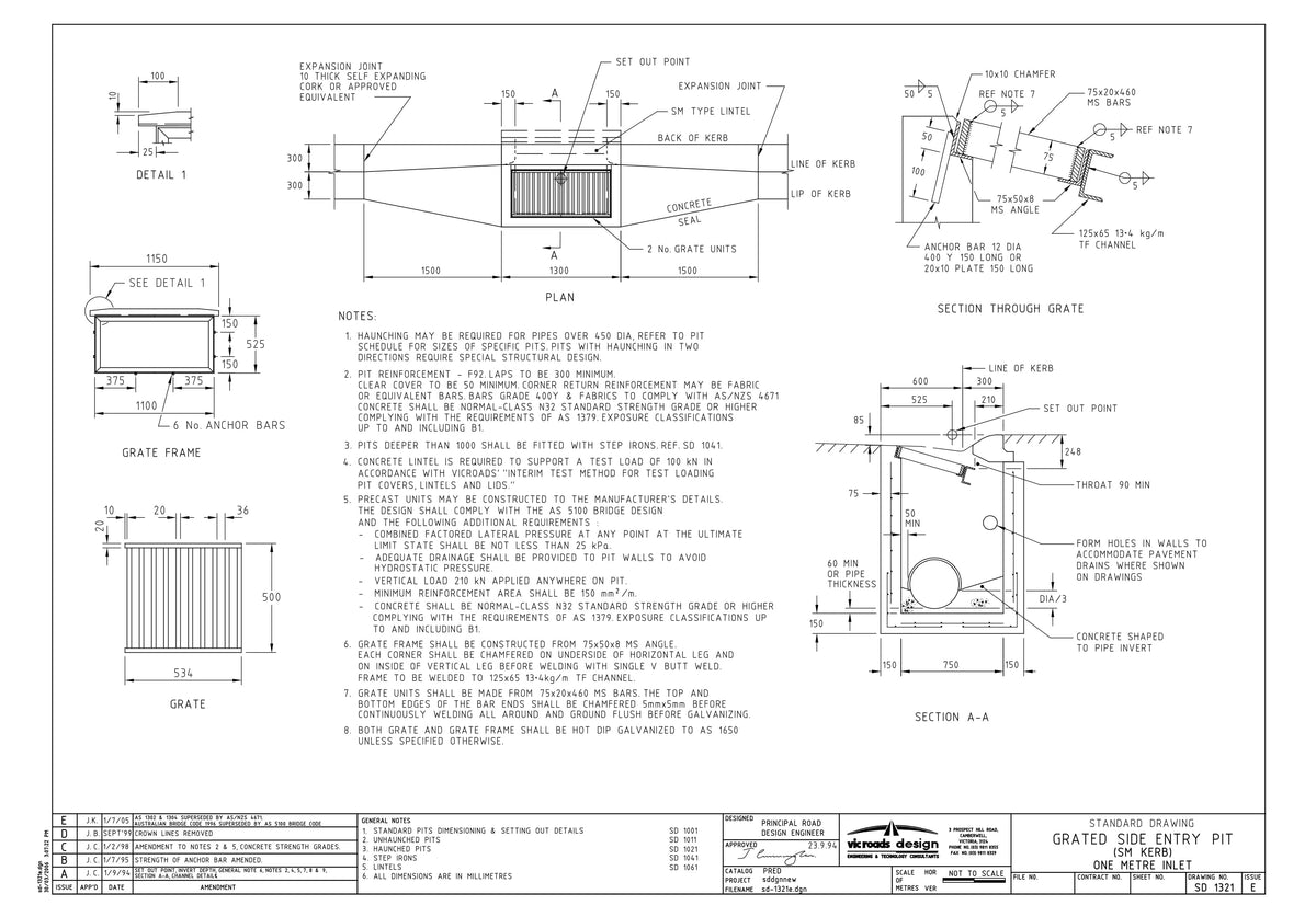 SD-1321 - Grated Side Entry Pit - SM Type Kerb - 1.0m Inlet